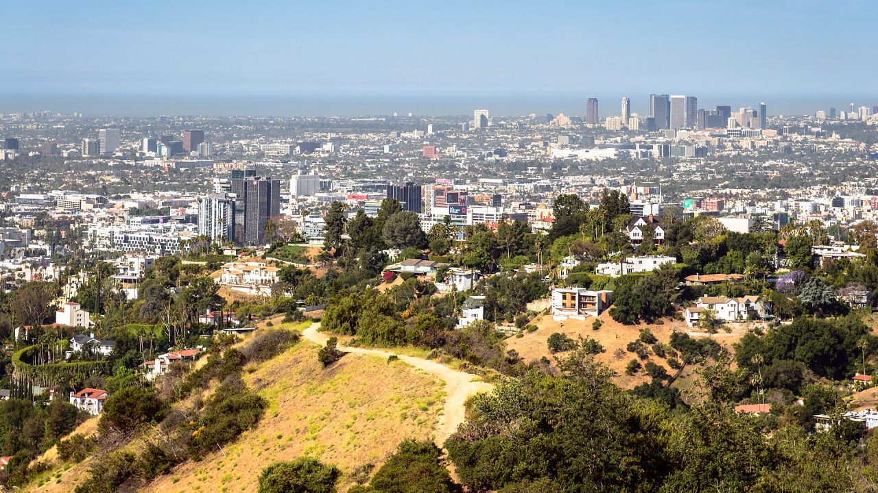 A view over Los Angeles from the hills above the city.