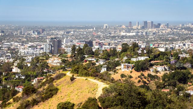 A view over Los Angeles from the hills above the city.