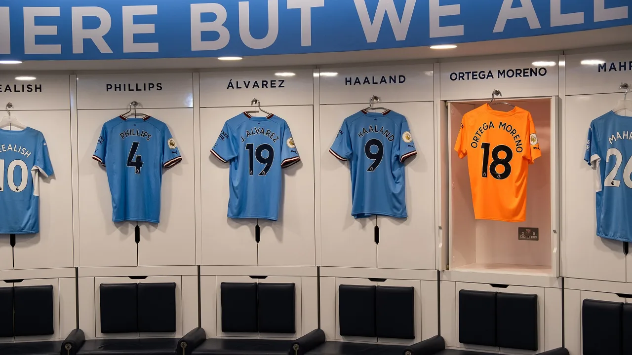 Kalvin Phillips, Julian Alvarez, Erling Haaland and Stefan Ortega kits in the Manchester City dressing room in July 2022.