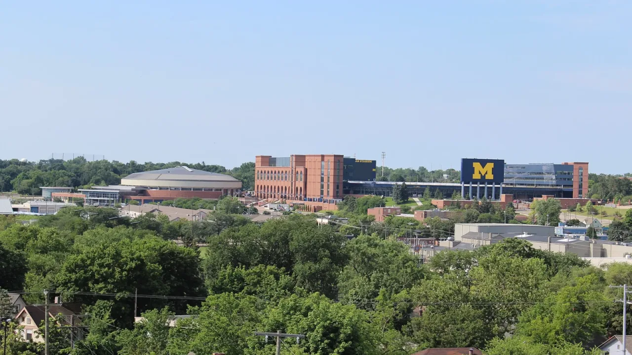 Michigan Stadium and Crisler Arena photographed from atop the Thompson Street Parking Structure, Ann Arbor, Michigan.