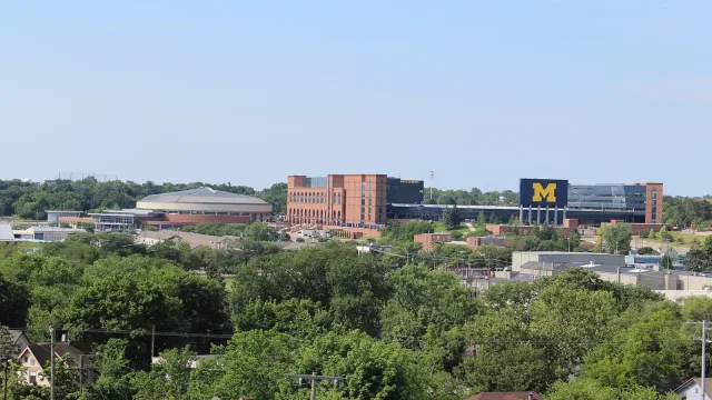 Michigan Stadium and Crisler Arena photographed from atop the Thompson Street Parking Structure, Ann Arbor, Michigan.