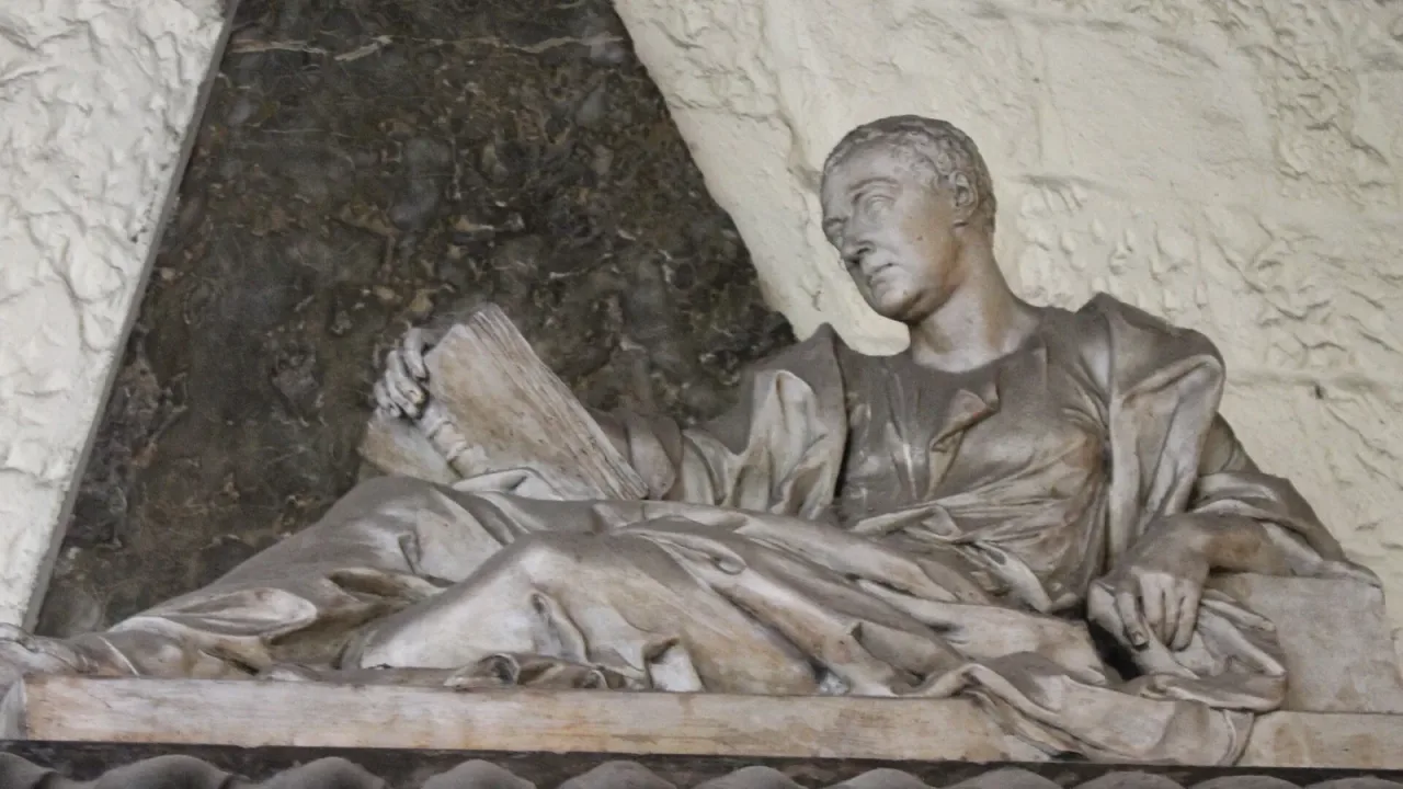 Monument to diplomat Daniel Pulteney, died 1731, in the south cloister of Westminster Abbey, London.
