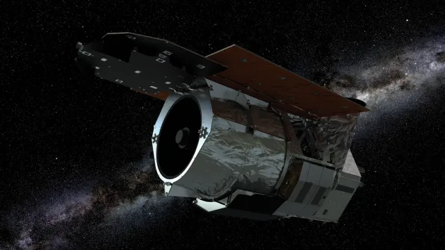 This is an artist’s illustration of the Nancy Grace Roman Space Telescope spacecraft against a starry background.