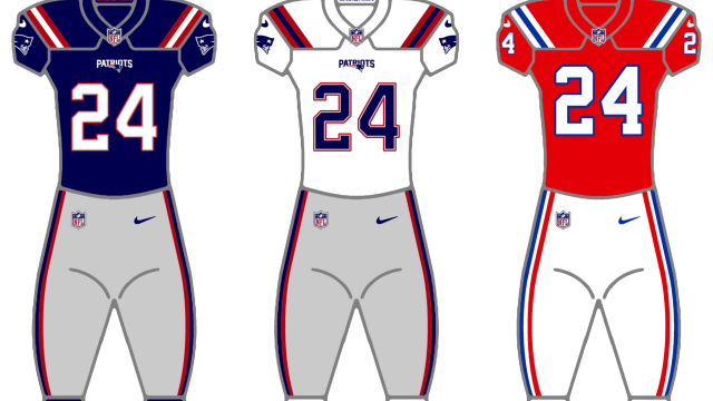 The uniforms of the New England Patriots from 2022-2023, now with Silver pants paired with both the Home and Away uniforms.