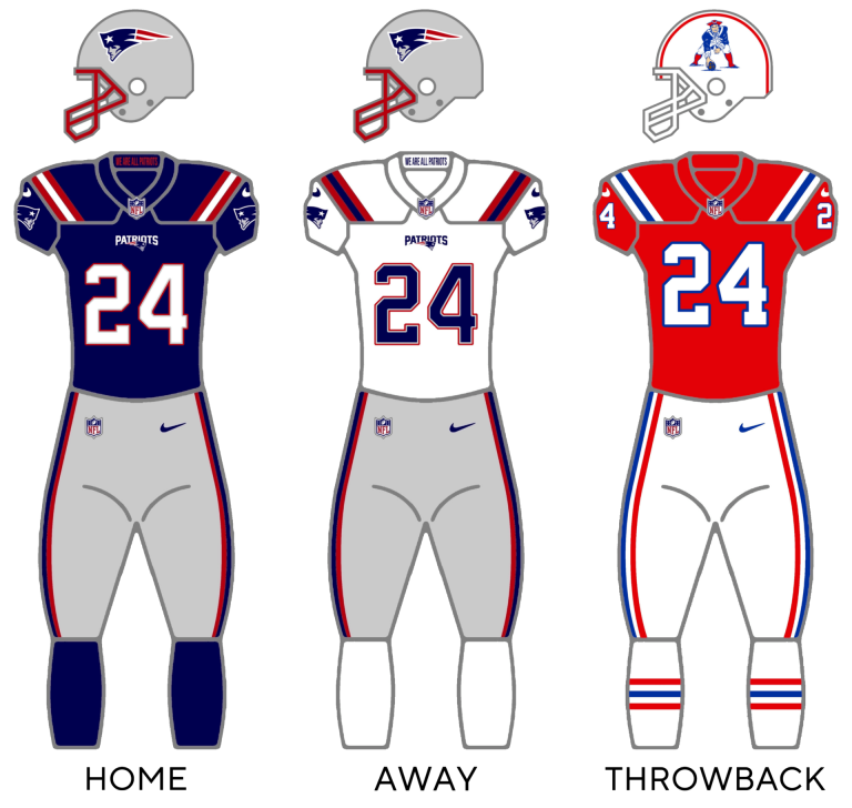 The uniforms of the New England Patriots from 2022-2023, now with Silver pants paired with both the Home and Away uniforms.