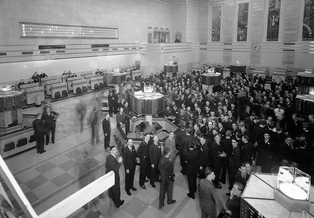 The trading floor, in the Toronto Stock Exchange's new building which opened in 1937. Toronto, Canada.