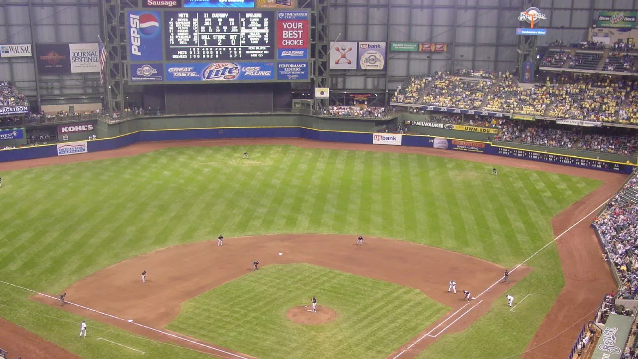 A shot from above home plate at Miller Park in Milwaukee, Wisconsin as the Milwaukee Brewers take on the New York Mets.