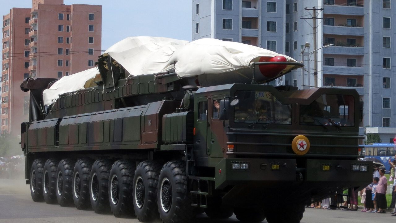A North Korean ballistic missile on a mobile launcher during a military parade in Pyongyang in July 2013.