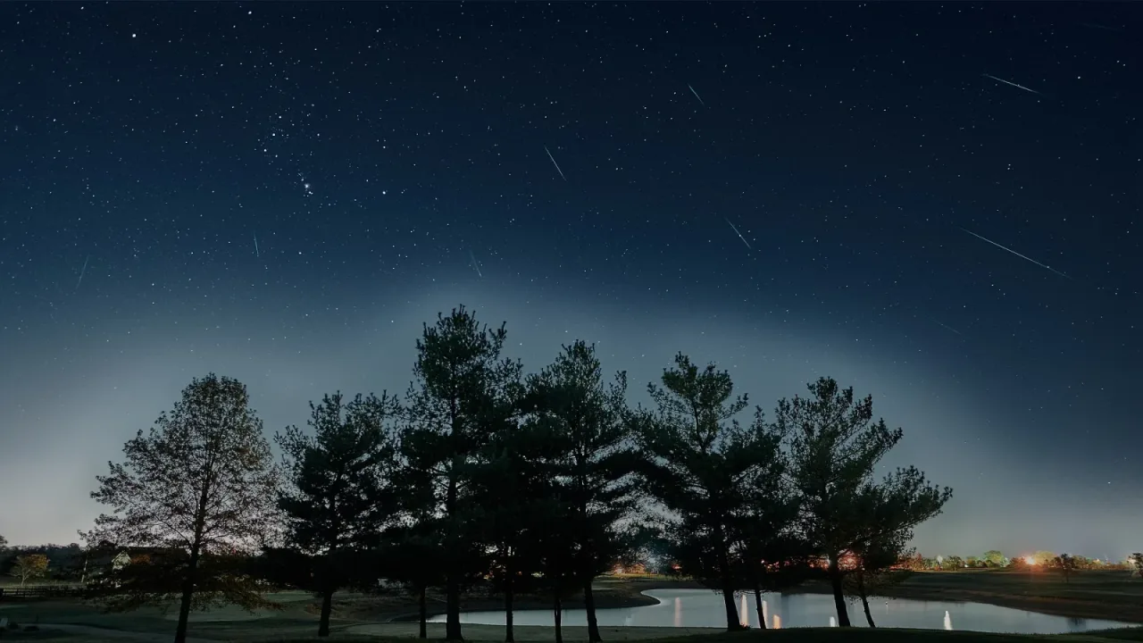 This is a composite of 19 selected frames from an overnight timelapse that captured the Orionid meteor shower.
