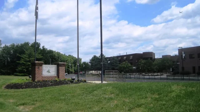 Photo showing the front of en:Pemberton Township High School from Arneys Mount Road (County Route 668).