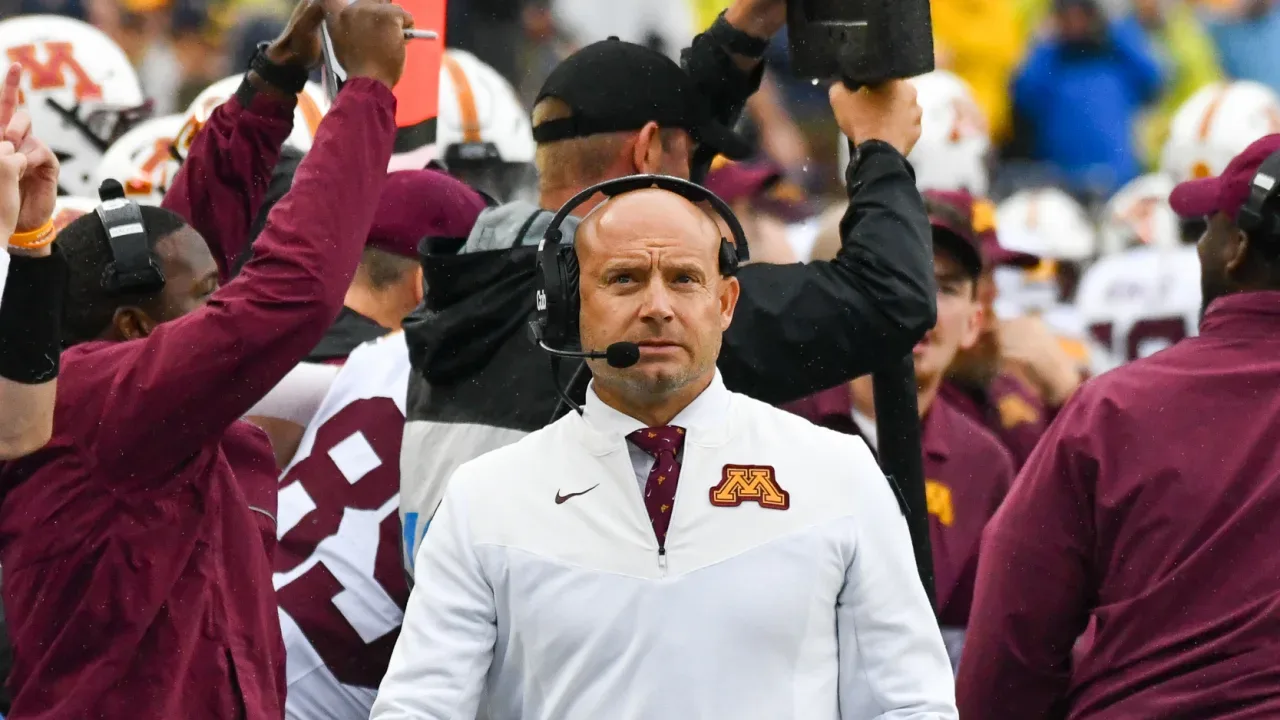 Minnesota Gophers head coach PJ Fleck on the sidelines of a 2024 game against Michigan