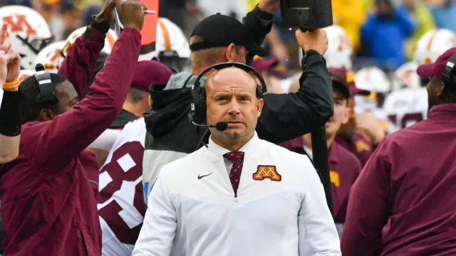 Minnesota Gophers head coach PJ Fleck on the sidelines of a 2024 game against Michigan