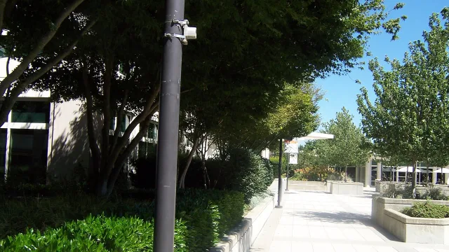 A plaza between buildings and walkways, somewhere on the Microsoft Redmond campus in July 2006.