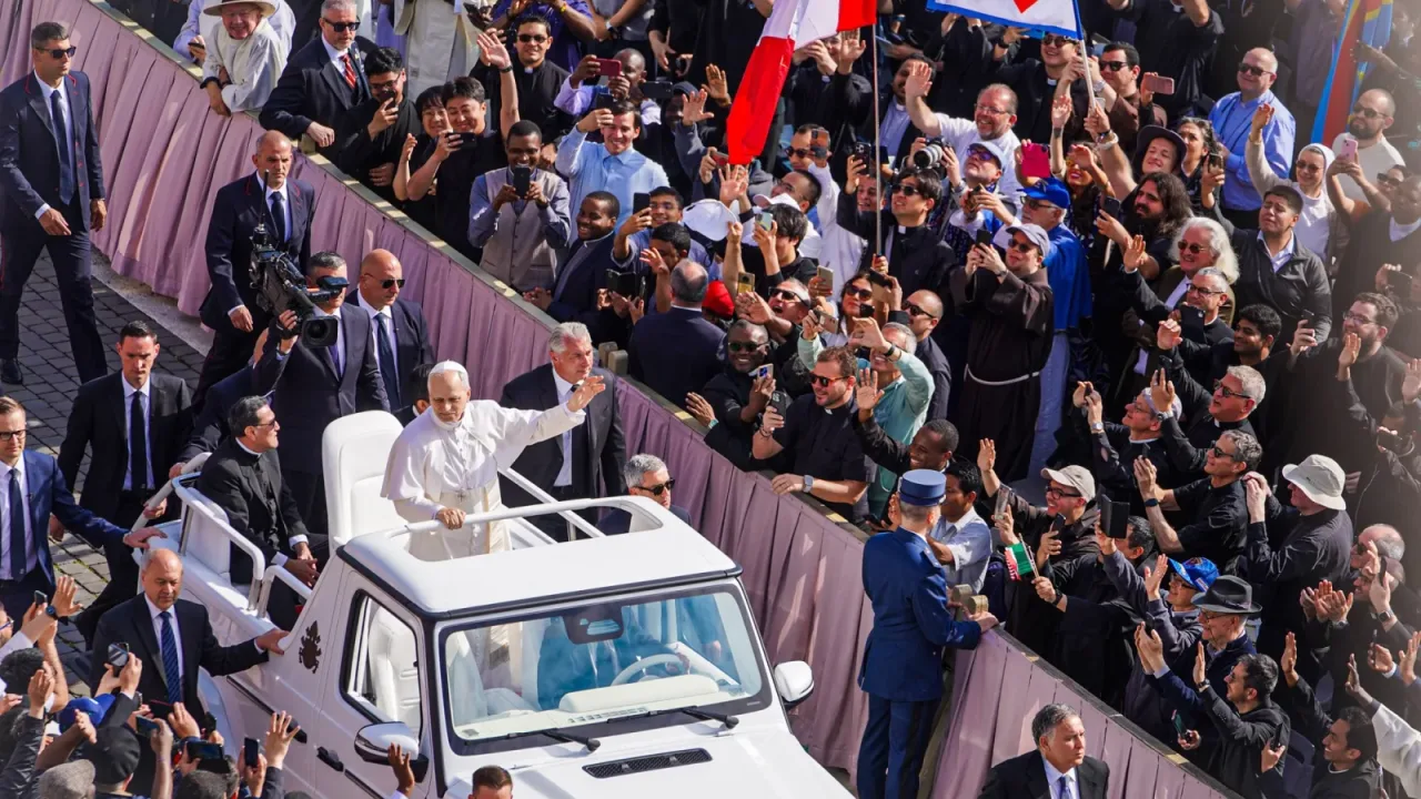 Pope Leo XIV in the popemobile at his inauguration