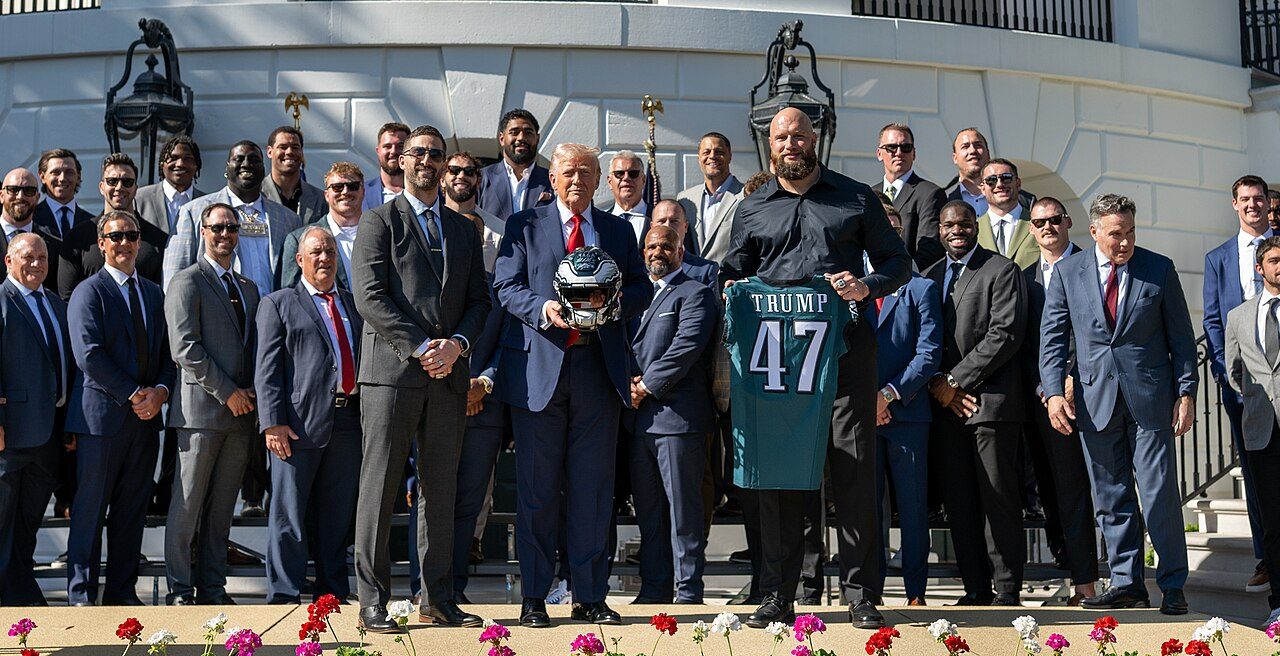 President Donald Trump, coach Nick Sirianni and Philadelphia Eagles offensive tackle Lane Johnson arrive to the South Lawn