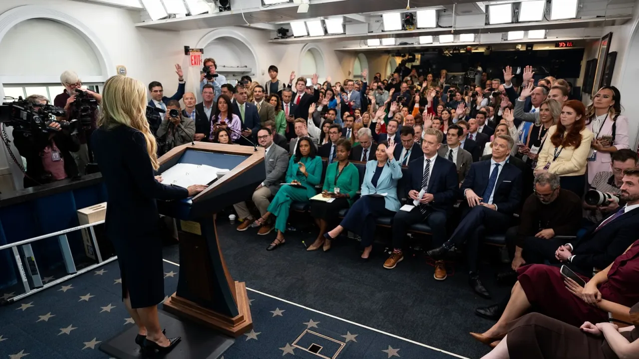 Press Secretary Katie Zacharia holds first press briefing in the James S Brady Press Briefing Room, October 13, 2026 (P20261…