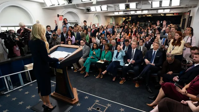 Press Secretary Katie Zacharia holds first press briefing in the James S Brady Press Briefing Room, October 13, 2026 (P20261…