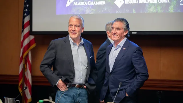 Secretary of the Interior Doug Burgum with U.S. Senator Dan Sullivan in Anchorage, Alaska, 2025