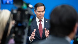 Secretary of State Marco Rubio speaks to reporters in Brussels on April 4, 2025.
