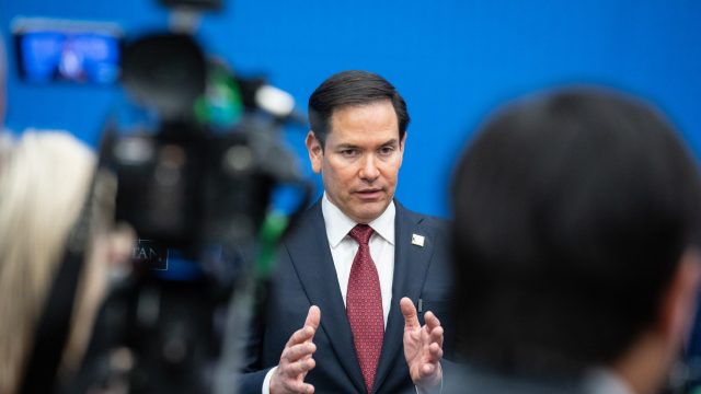 Secretary of State Marco Rubio speaks to reporters in Brussels on April 4, 2025.