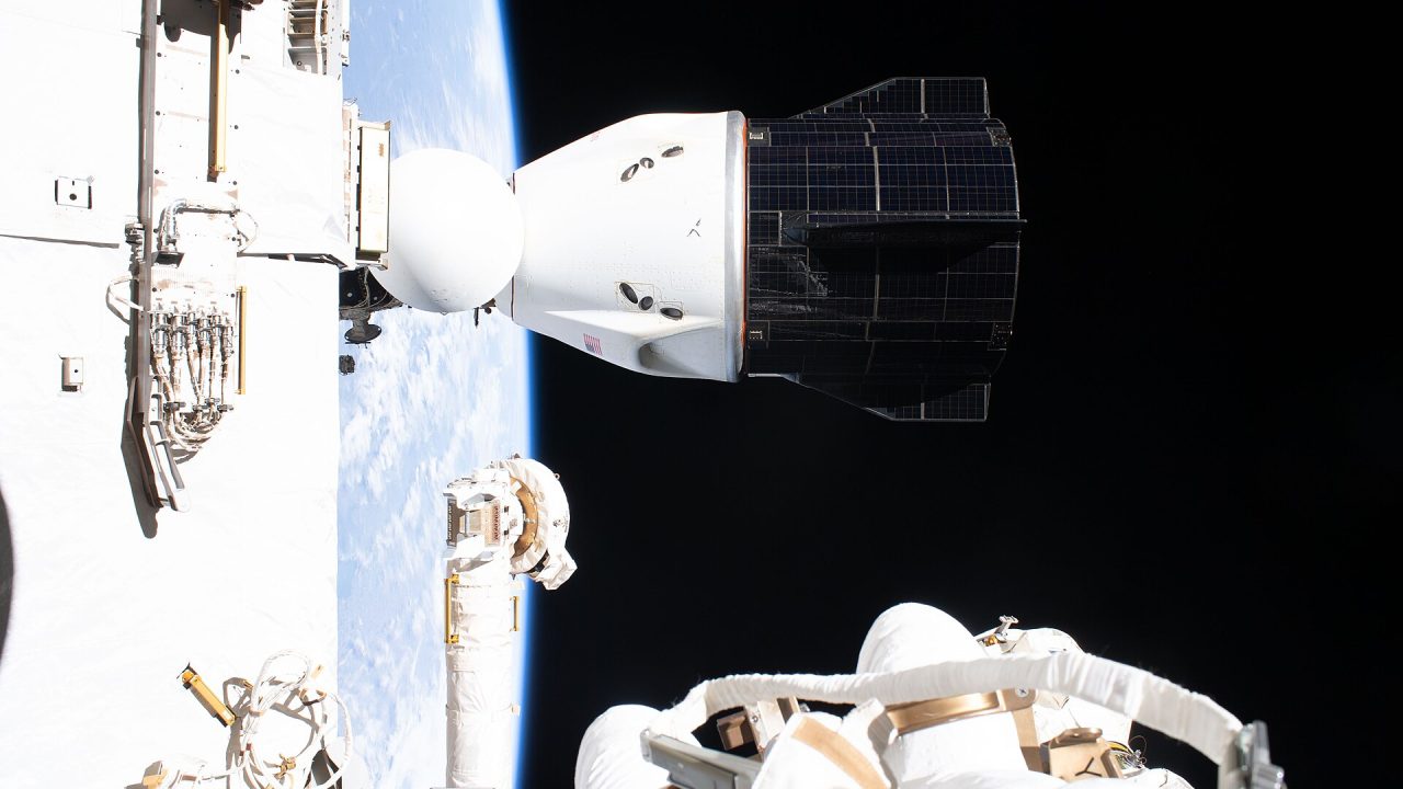 The SpaceX Dragon spacecraft that carried the Crew-12 astronauts, docked to the International Space Station in August 2026.