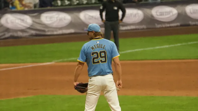 Brewers closer Trevor Megill pitching against the San Diego Padres on 06/07/25
