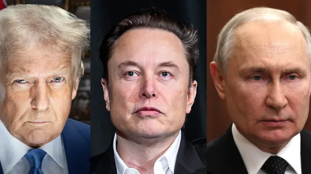 A composite triptych portrait of Donald Trump, Elon Musk, and Vladimir Putin.