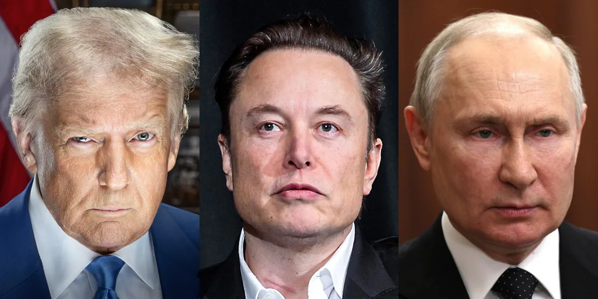 A composite triptych portrait of Donald Trump, Elon Musk, and Vladimir Putin.