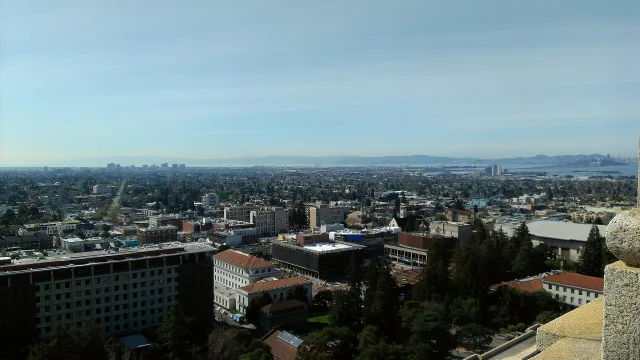 UC Berkeley Campus - view from Sather Tower of Barrows Hall, Sproul Hall, Student union, Unit 3 dorms, and Oakland