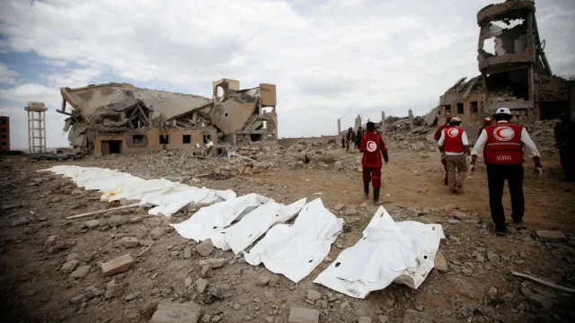 Victims of Saudi-led airstrikes on a university that had been used as a detention center by Houthi rebels in Dhamar, in sout…