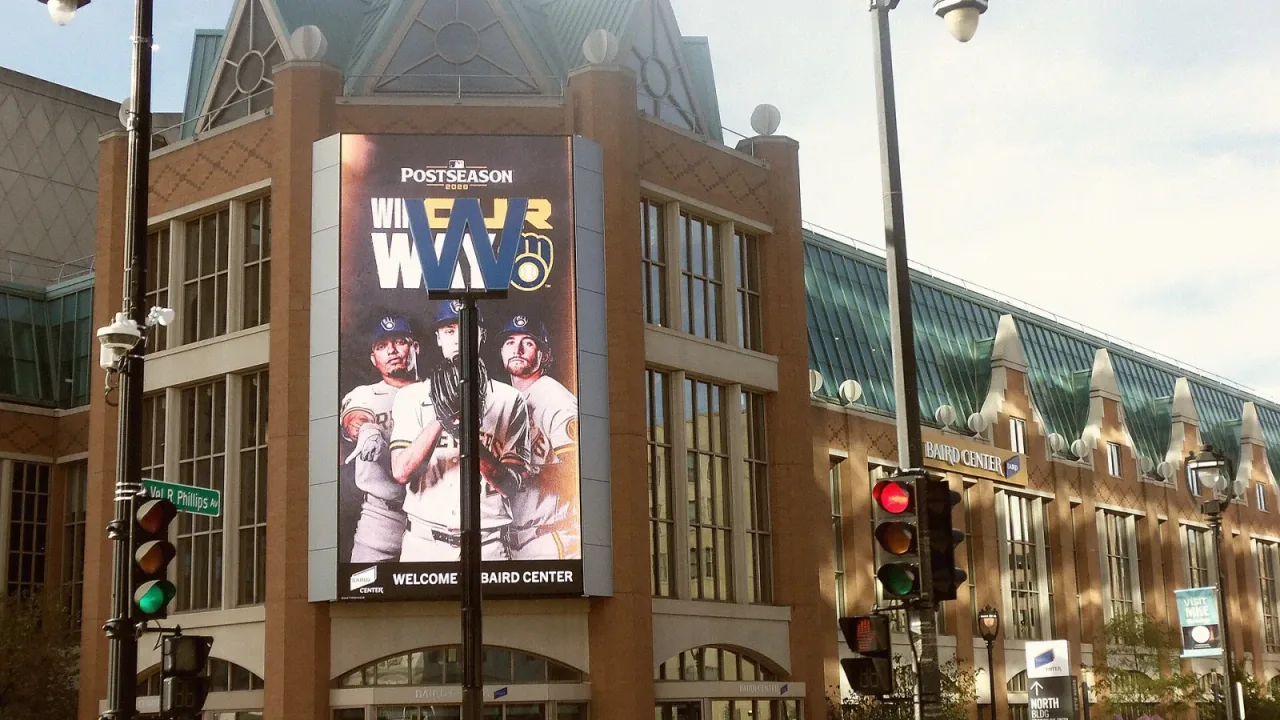 Brewers "Win Our Way" slogan on the screen before the World Series