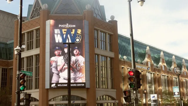Brewers "Win Our Way" slogan on the screen before the World Series